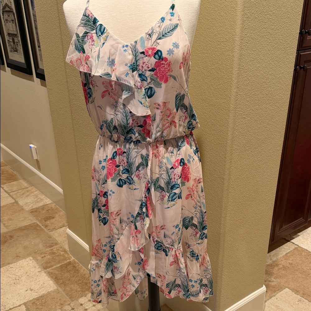 Parker Floral Silk Ruffle Dress in Pink and Blue